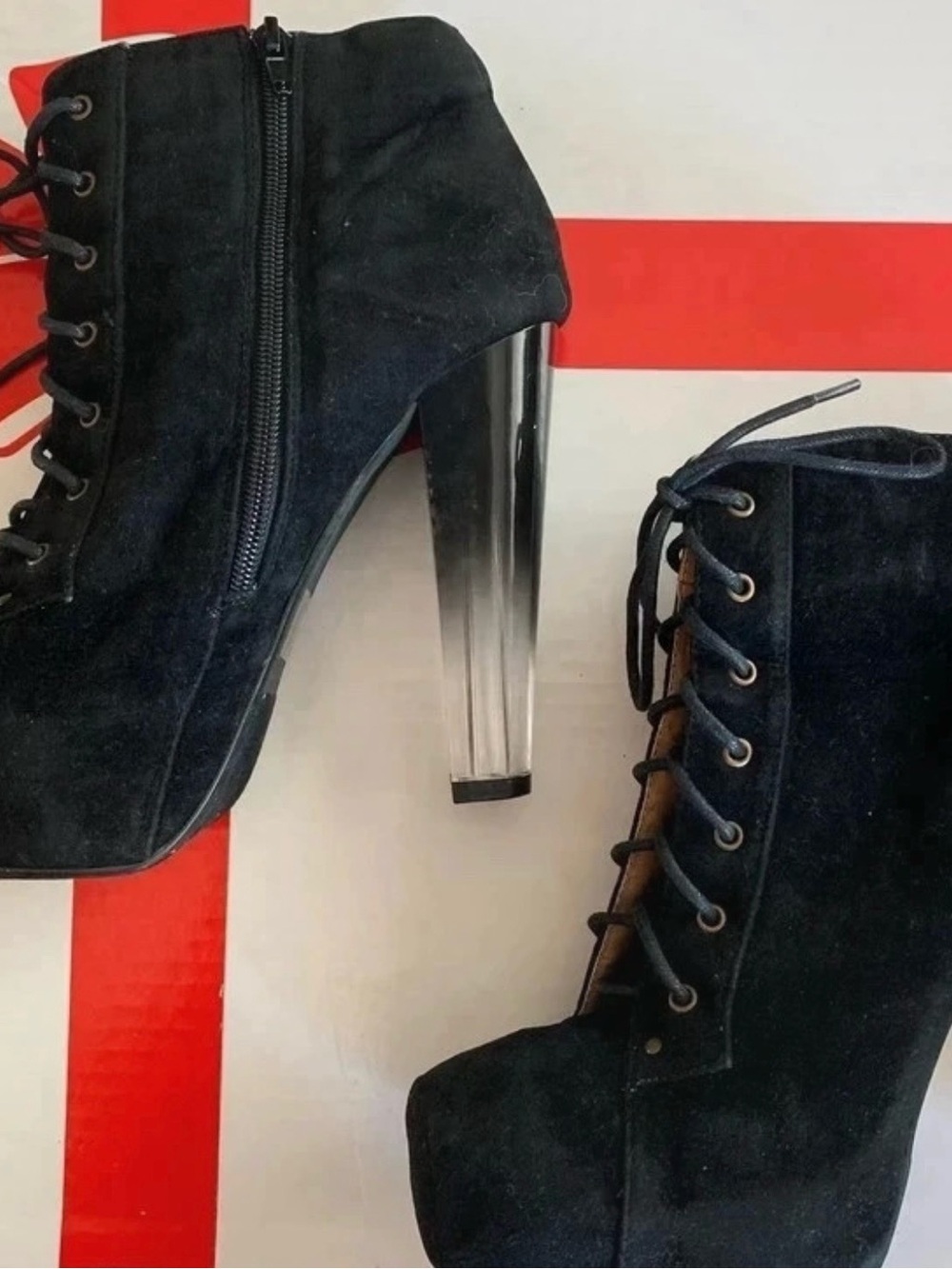 FRH Black Suede Lace-Up Platform Ankle Boots with Clear Heel